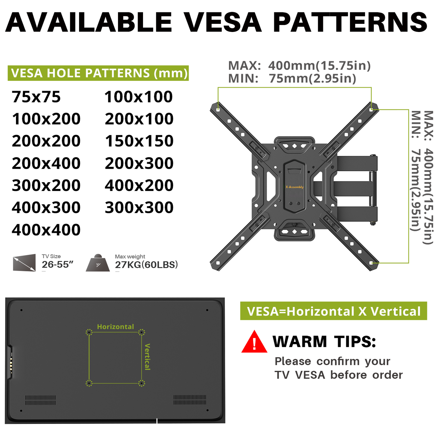 X-Assembly Full Motion TV Mount, Swivel Articulating Tilt TV Wall Mount for 26-55" LED, OLED, 4K TVs, TV Bracket Wall Mount with VESA 400x400mm Up to 60lbs